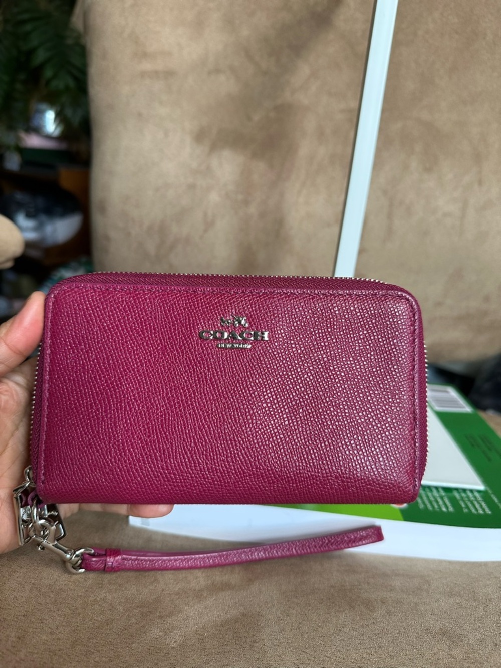 Coach Pebbled Leather Double Zip Wallet Wristlet Pink Red in Fair Condition